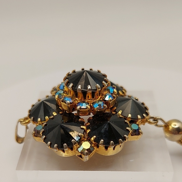 Domed Rivoli Glass Blue AB Rhinestones Vintage Goldtone Pendant w/ Tassel EVC - Picture 4 of 16